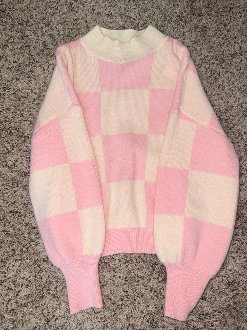 Unbranded Pink and Cream Checkered Mock Neck Sweater